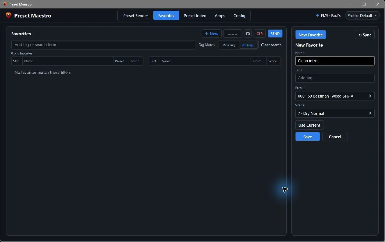 Preset Maestro's Favourites screen with a new favourite named Clean intro, using preset 000 and scene 7.